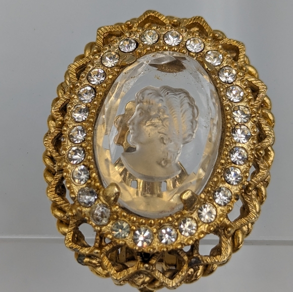 Clear Glass Intaglio Clip On Earrings Gold Tone Rhinestones Edwardian Revival - Picture 6 of 15